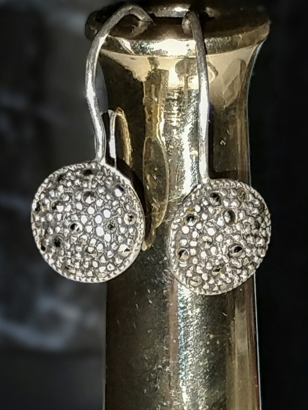 AS IS - Vintage FAS 925 Sterling Marcasite Domed Drop Earrings -Craft Repair